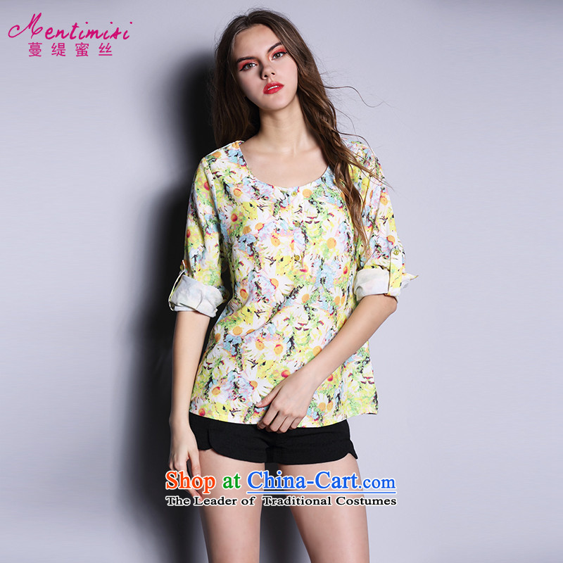 Overgrown Tomb economy honey silk spring and summer 2015 new to increase women's code and stylish long-sleeved shirt stamp chiffon 1668 Yellow larger 4XL around 922.747 175