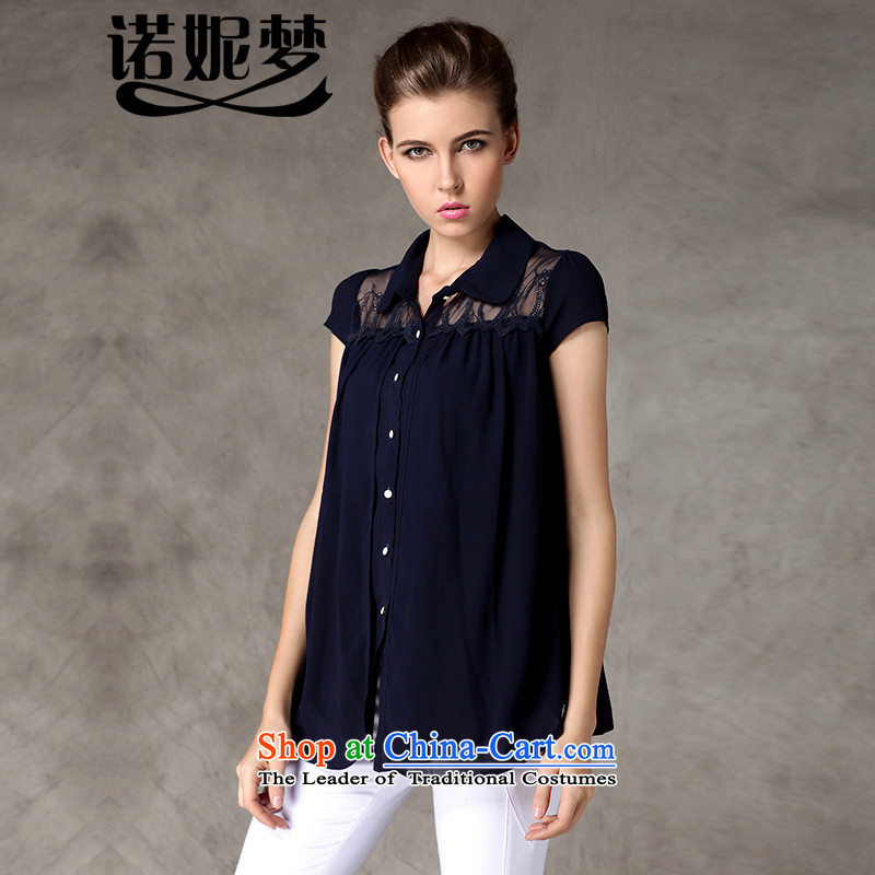 The maximum number of Europe and Connie female president shirts new summer 2015 mm thick temperament lapel lace stitching short-sleeved shirt female y3247 chiffon blue?XL