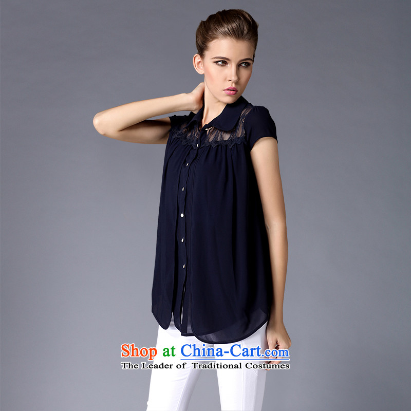 The maximum number of Europe and Connie female president shirts new summer 2015 mm thick temperament lapel lace stitching short-sleeved shirt female y3247 chiffon blue XL, Mano Connie Dream , , , shopping on the Internet