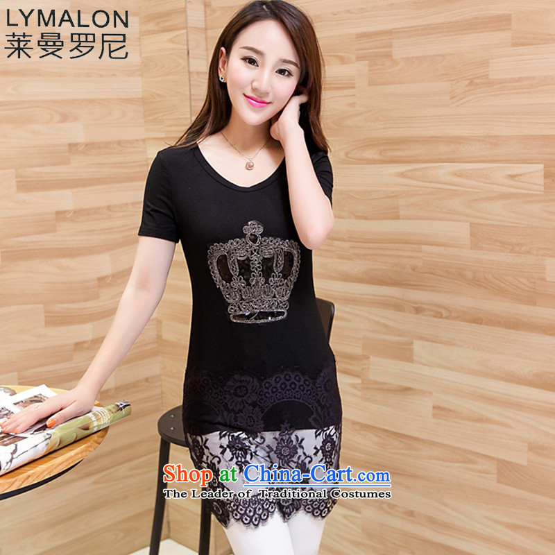 The lymalon lehmann thick, Hin thin Summer 2015 mm thick large wild women to increase short-sleeved T-shirt lace Black 1422?XL