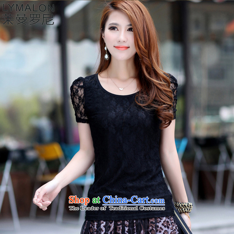 The lymalon lehmann thick, Hin thin 2015 Summer new fat mm large wild women to increase short-sleeved T-shirt lace 682 Black XXXL