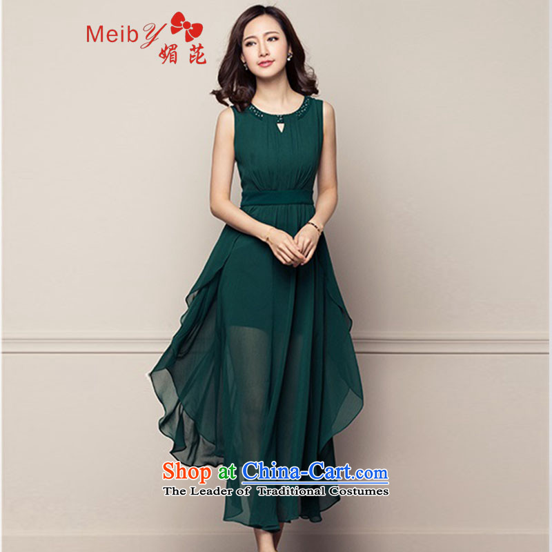 Of the new large meiby female Sleek and versatile spring 2015 new products for women not rule is thin graphics sleeveless chiffon dresses1816 dark green?M