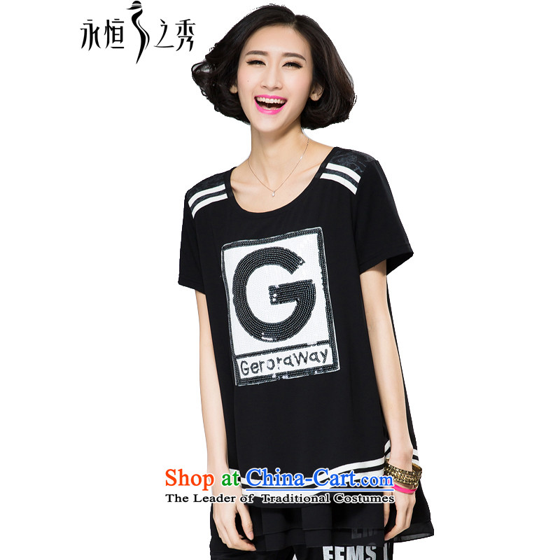 The Eternal-soo to xl t-shirts thick sister 2015 Summer new product expertise, Hin thick mm thin, ultra-light, long-stamp_ letter T-shirt black?4XL