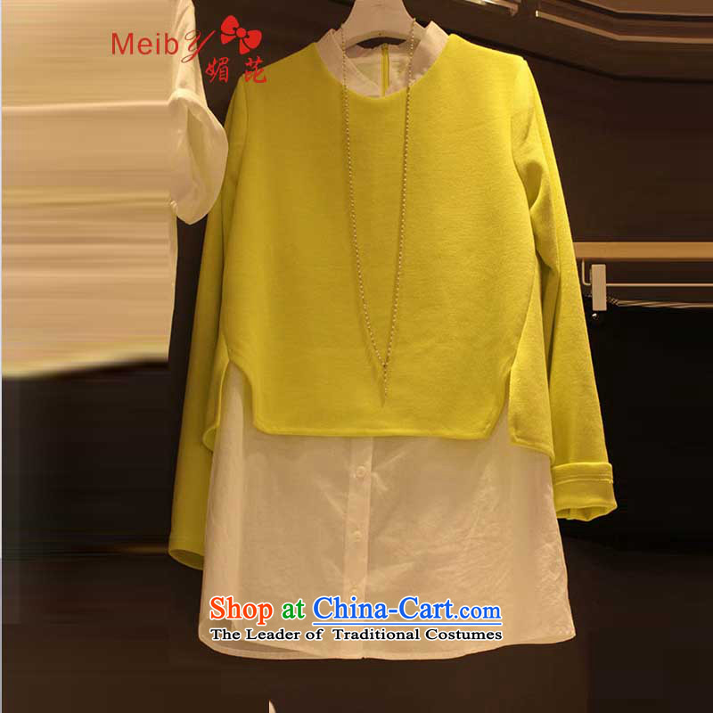 Of the new large meiby female sleek and new Korean version of large numbers of female graphics thin temperament leave two shirts sweater 9180_ Yellow?M