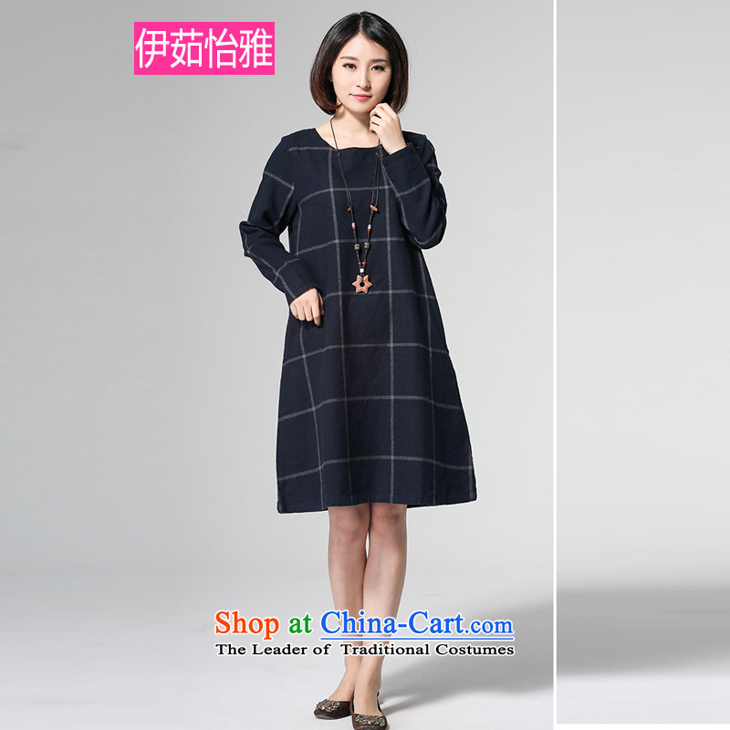 El-ju?2015 Autumn Yee Nga new boxed version won grid to xl thick sister larger women's dresses YJ99181 navy?M