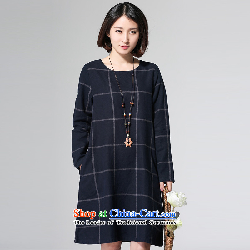 El-ju Yee Nga spring and autumn 2015 new Korean grid to xl thick MM long-sleeved dresses YJ99181 navy , L'Yu Yee Nga shopping on the Internet has been pressed.