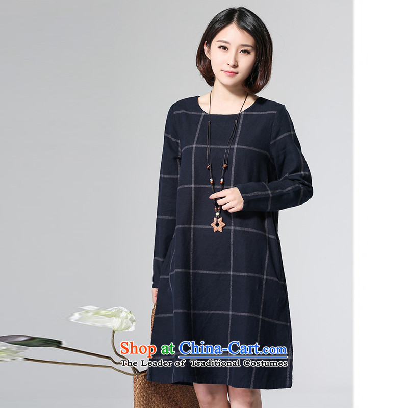 El-ju Yee Nga spring and autumn 2015 new Korean grid to xl thick MM long-sleeved dresses YJ99181 navy , L'Yu Yee Nga shopping on the Internet has been pressed.