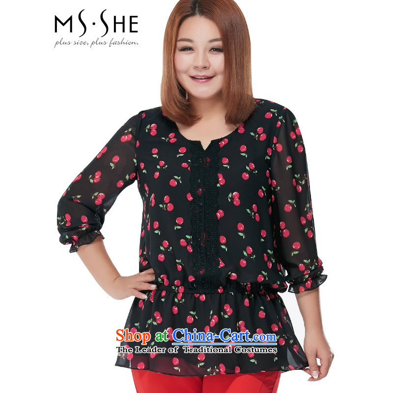 To increase the number MSSHE female chiffon Netherlands New Summer 2015 STAMP T-shirt with round collar chiffon Netherlands 2649 Black  XL