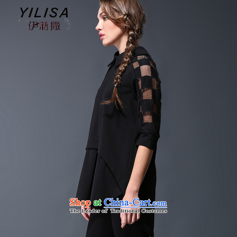 Large European and American women YILISA load new spring and autumn replacing new gauze stitching shirt thick mm loose video thin front stub in the back of the shirt Y9039 black XXXL, swing Elizabeth (YILISA sub-shopping on the Internet has been pressed.)