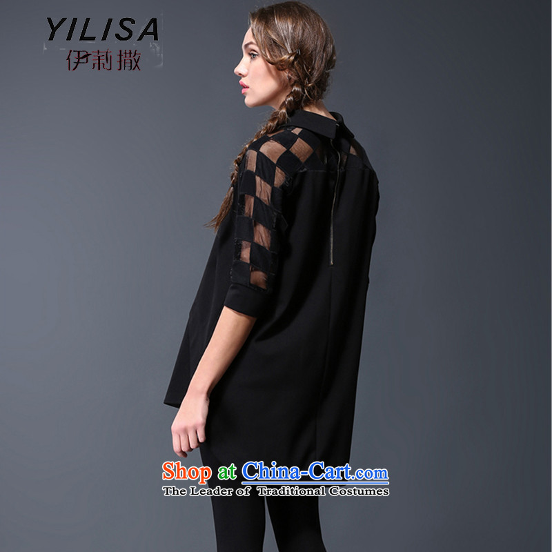 Large European and American women YILISA load new spring and autumn replacing new gauze stitching shirt thick mm loose video thin front stub in the back of the shirt Y9039 black XXXL, swing Elizabeth (YILISA sub-shopping on the Internet has been pressed.)