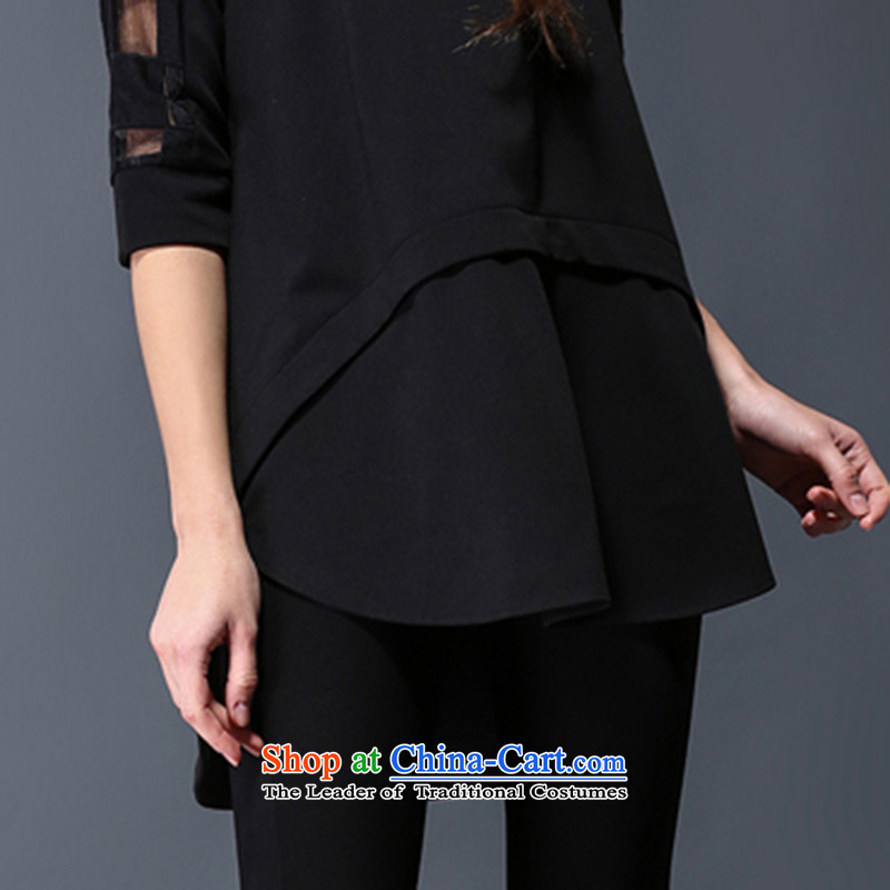 Large European and American women YILISA load new spring and autumn replacing new gauze stitching shirt thick mm loose video thin front stub in the back of the shirt Y9039 black XXXL, swing Elizabeth (YILISA sub-shopping on the Internet has been pressed.)
