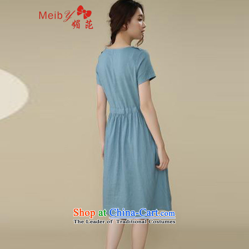 Large meiby female wild Sleek and versatile large summer new larger female cotton linen dresses V-Neck Strap Linen Dress 1.29 M, of blue. meiby () , , , shopping on the Internet