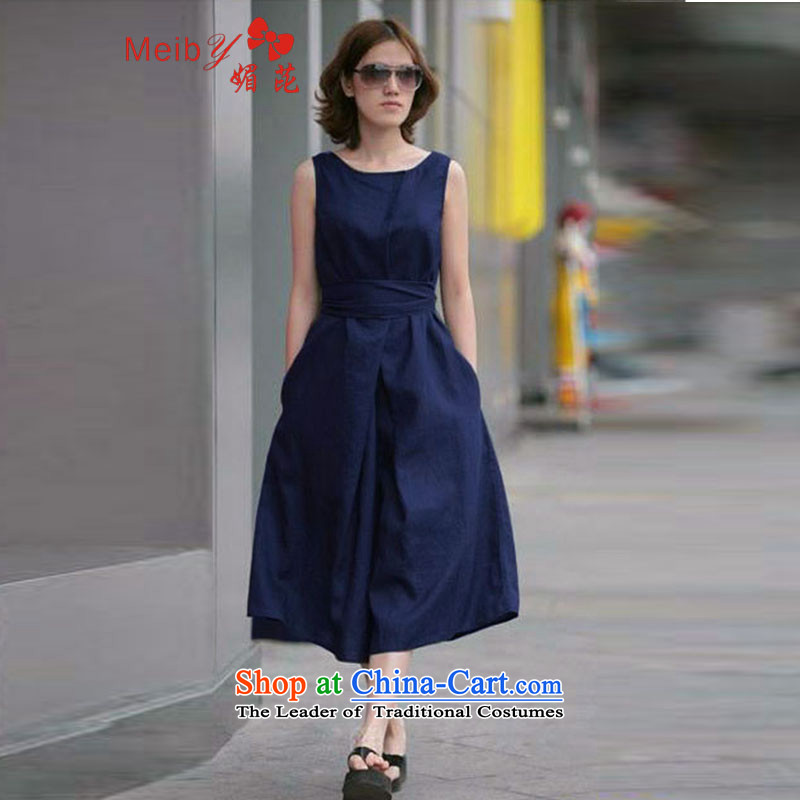 Of the new large meiby female Sleek and versatile summer western linen sash sleeveless long skirt pure Linen Dress larger female cotton linen 3103 even blue M