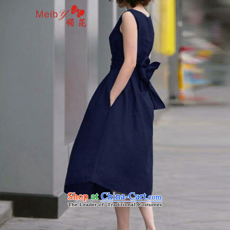 Of the new large meiby female Sleek and versatile summer western linen sash sleeveless long skirt pure Linen Dress larger female cotton linen 3103 even blue M of (meiby) , , , shopping on the Internet
