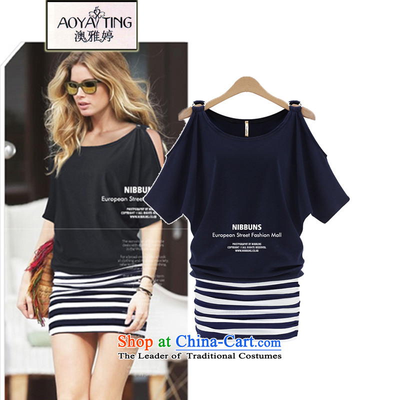 O Ya-ting?spring and summer 2015 new to increase women's code thick mm short-sleeved video thin dresses female?565?Navy?XL?115-128 recommends that you Jin