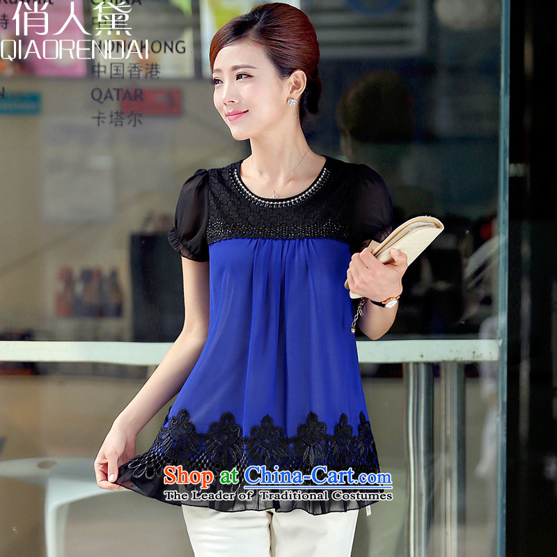 For the people?by 2015 Summer Doi new Korean version of large numbers of ladies thick MM short-sleeved T-shirt chiffon relaxd Blue?M