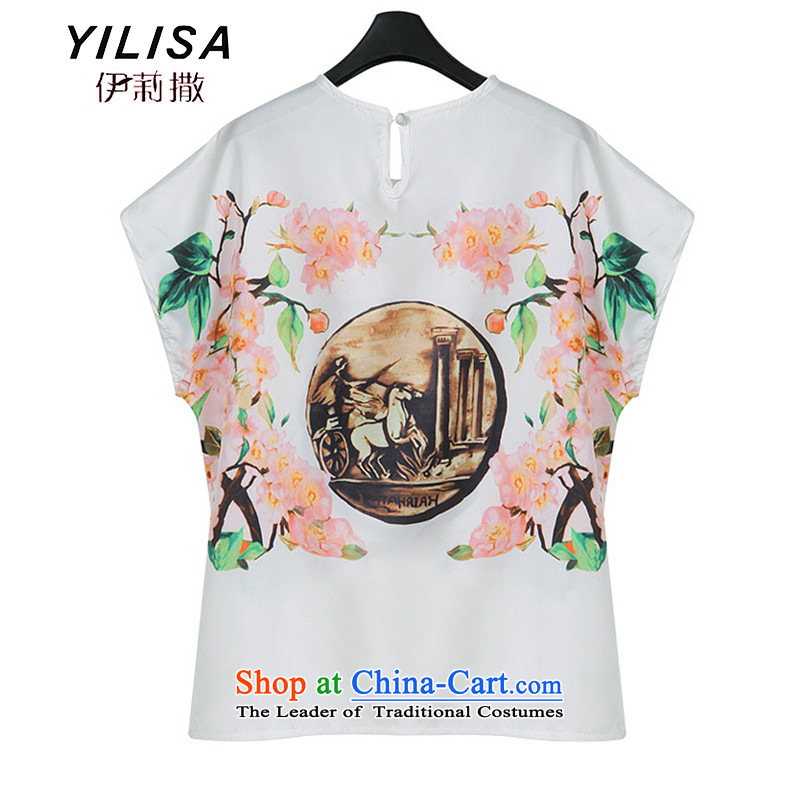 Yilisa summer new larger T-shirts shorts, short-sleeved kit ultra retro stamp T-shirt + pink shorts C5813 female figure color XL, Elizabeth (YILISA sub-shopping on the Internet has been pressed.)