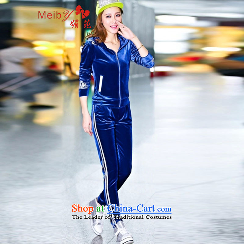 Large meiby female wild korea kim scouring pads of the sportswear female spring and autumn Sleek and versatile large number code Women Korean relaxd lounge suite 7022 BlueM