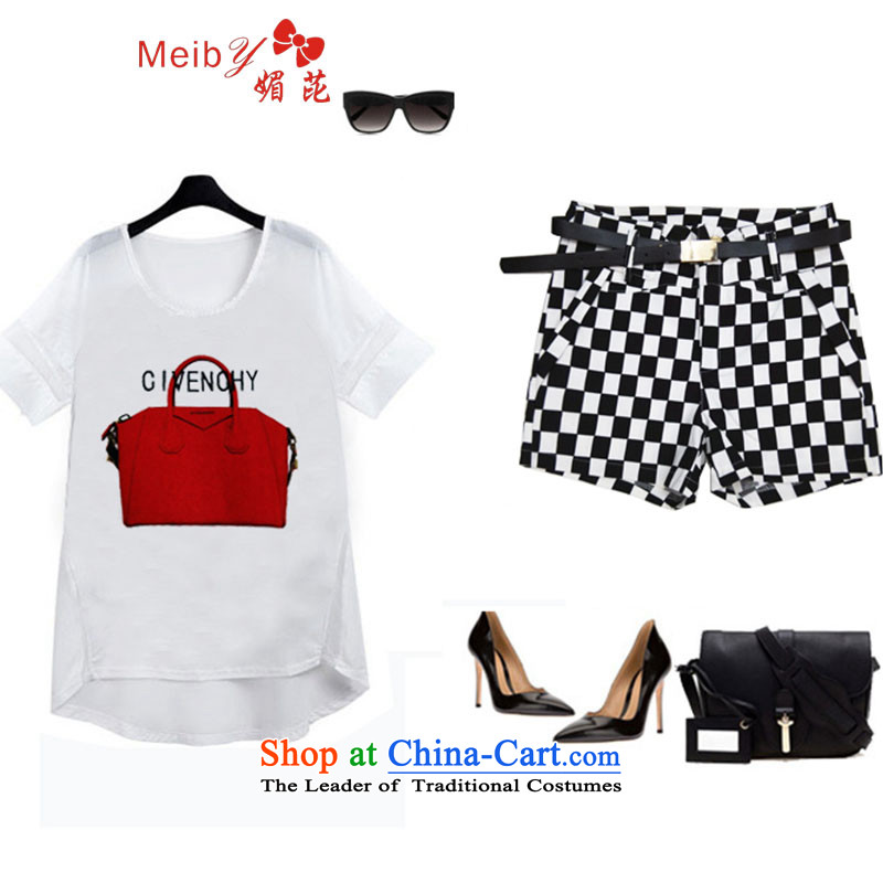 Maximum number of ladies wild Sleek and versatile large new ultra large female thick MM flex chiffon short-sleeved T-shirt + checkered shorts kit improvements with 806.1 picture color XXXXXL, of (meiby) , , , shopping on the Internet