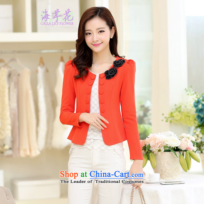 The sea route take the Korean version of the exquisite Plate flower Foutune of video in a small business suit general thin OL vocational large red-orange 5XL 5B2803 Jacket