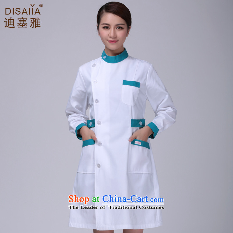 Ducept Nga winter thick long-sleeved clothing doctors pharmacies physician white gowns female anti-bacterial environmental nurse uniform side clip green collar - Female L