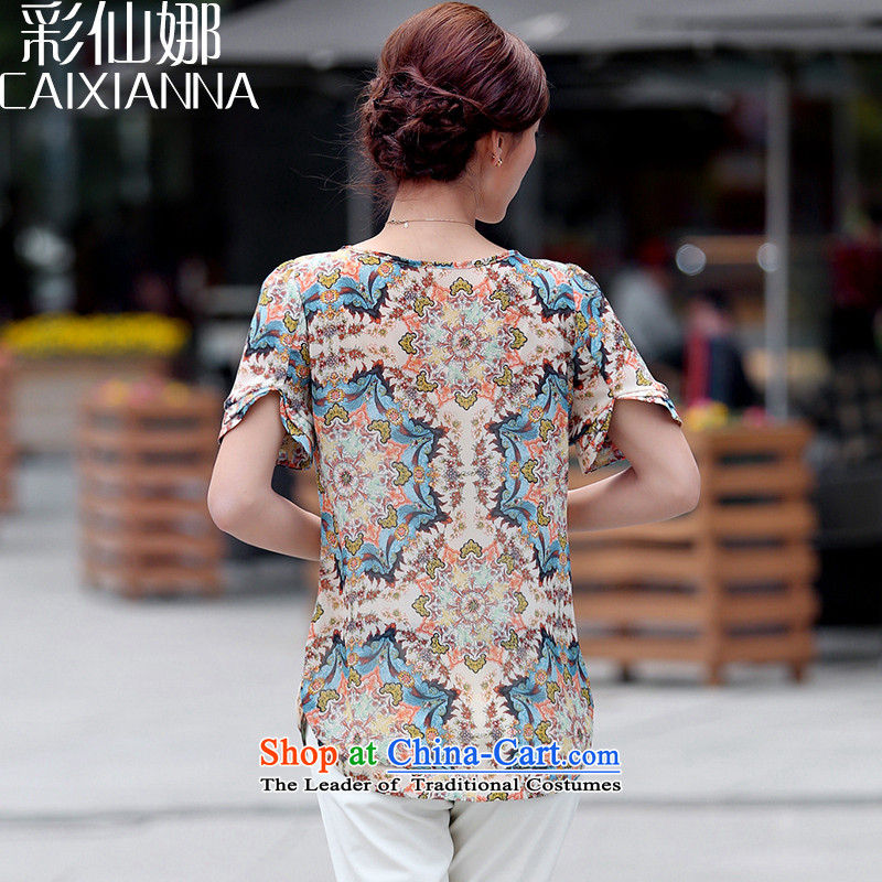 The maximum number is also sin women 2015 summer short-sleeved T-shirt chiffon stamp female thick mm Korean small loose clothes blue XL, multimedia-na (CAIXIANNA cents) , , , shopping on the Internet