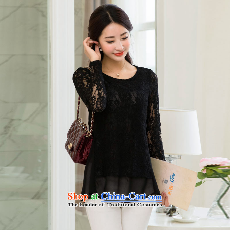 The new 2015 mm thick larger female round-neck collar long-sleeved sweater chiffon lace spring new shirt black , L, yet (BIAOSHANG biao) , , , shopping on the Internet