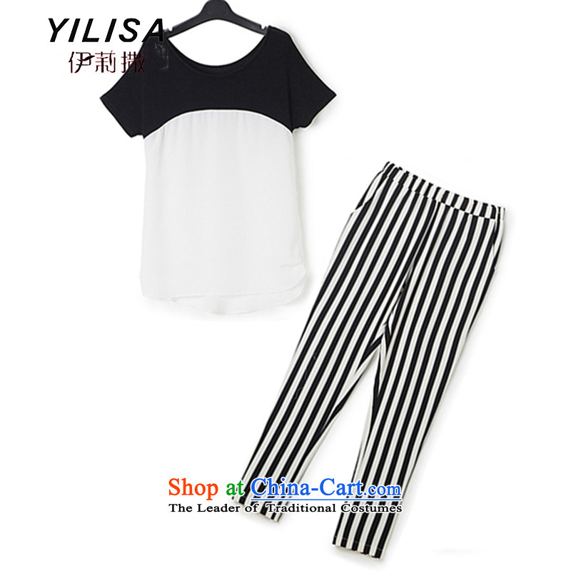 Large European and American women YILISA summer load new color plane short-sleeved T-shirt streaks pants Kit Fat MM stripe t-shirt pants 9 pack Y577 map color XXL