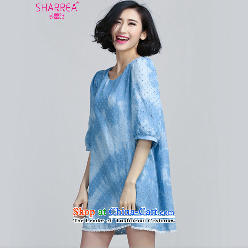Sarah ya 2015 Summer new larger female wash denim engraving bubble cuff dresses 0961 light blue 3XL, SARAH (SHARREA) , , , shopping on the Internet