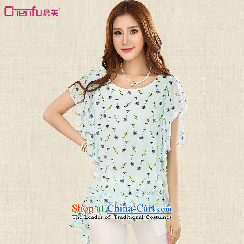2015 summer morning to the new Korean to xl blouses thick mm Sau San video bat sleeves thin round-neck collar fresh stamp chiffon shirt T-shirt light green?5XL recommendations 180-200 catty