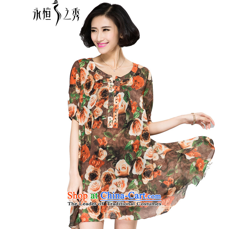 The Eternal Yuexiu Code women's summer dresses thick sister thick, Hin thin 2015 Summer new stylish mm thick iron drilling small V-neck rose stamp skirt orange XL