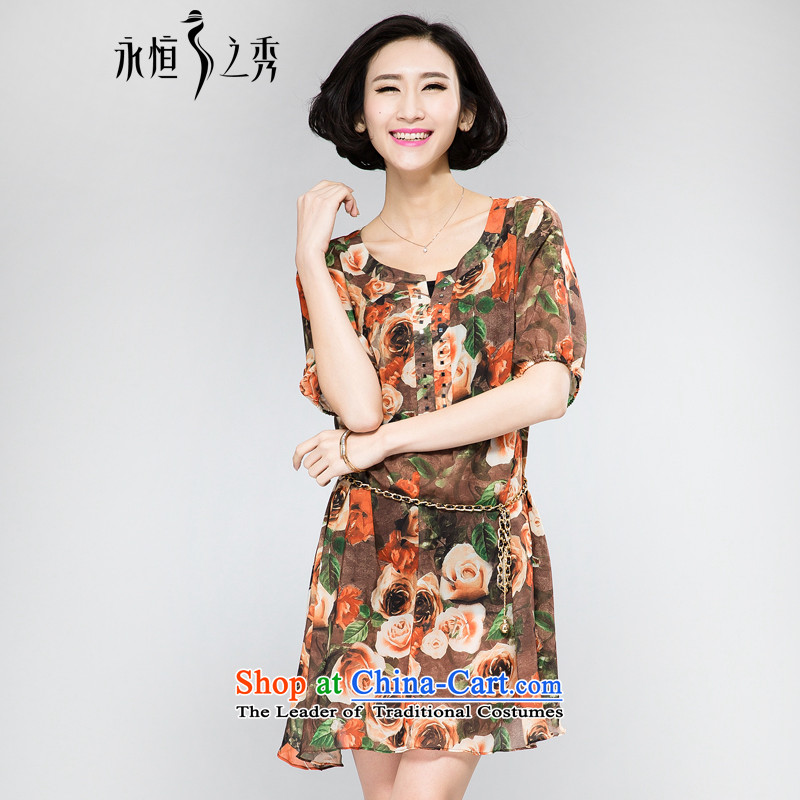 The Eternal Yuexiu Code women's summer dresses thick sister thick, Hin thin 2015 Summer new stylish mm thick iron drilling small V-neck rose stamp skirt orange XL, eternal Soo , , , shopping on the Internet