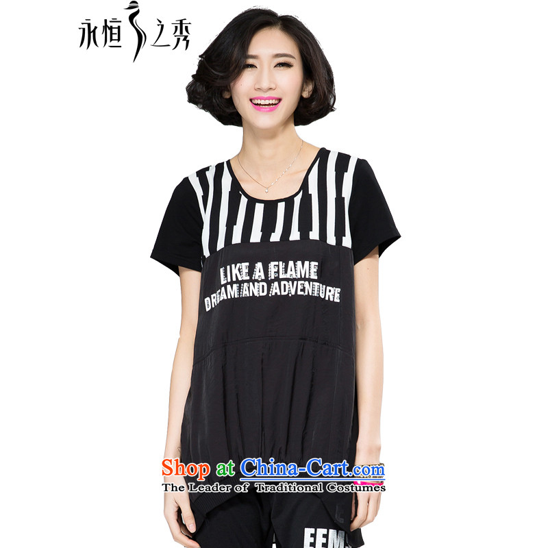 The Eternal Yuexiu code t-shirts thick sister 2015 Summer new product expertise, Hin thick mm thin stylish stamp stitching medium to long term, T-shirt shirt Black?XL