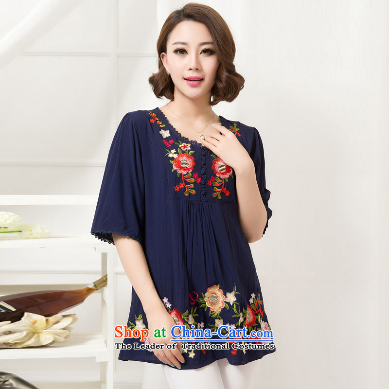 The sea route take the Korean version of the new video thin small for 0700. Embroidered color lace loose cotton clothes summer code female 5D1073 shirt retro dark blue sea route to spend.... 2XL, shopping on the Internet