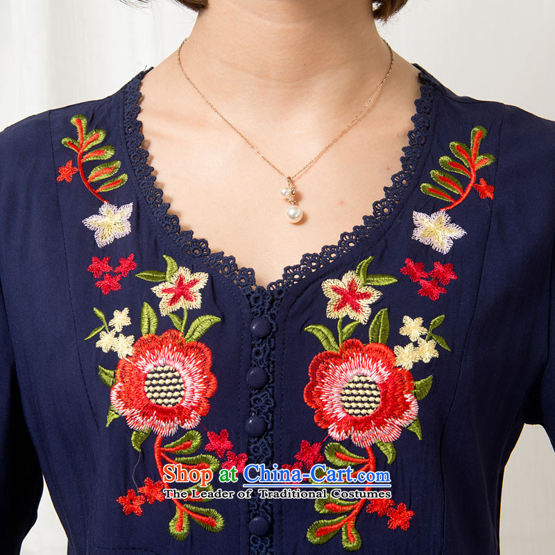 The sea route take the Korean version of the new video thin small for 0700. Embroidered color lace loose cotton clothes summer code female 5D1073 shirt retro dark blue sea route to spend.... 2XL, shopping on the Internet