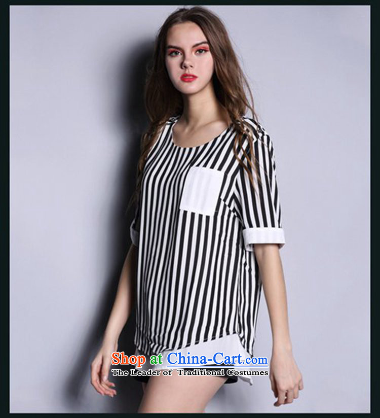 The new summer 2015 round-neck collar bars in the Western big large female loose chiffon shirt girl in the fifth-sleeved T-shirt video thin coat chiffon shirt white vertical streaks XXL picture, prices, brand platters! The elections are supplied in the national character of distribution, so action, buy now enjoy more preferential! As soon as possible.