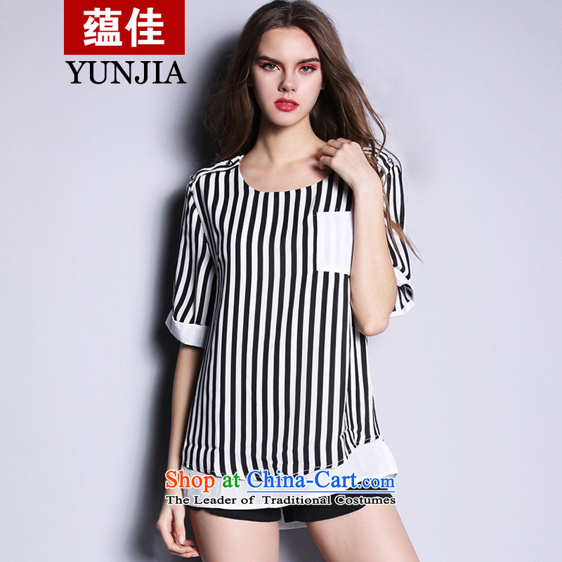 The new summer 2015 round-neck collar bars in the Western big large female loose chiffon shirt girl in the fifth-sleeved T-shirt video thin coat chiffon shirt white vertical streaks?XXL