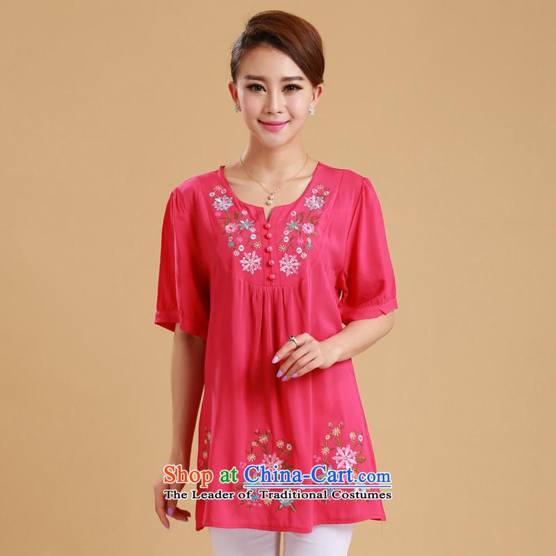 The sea route take the Korean version of the video and skinny fresh embroidered short sleeve loose cotton summer 2015 new women's clothes for larger 5G1073 shirt Western Red sea route to spend.... 2XL, shopping on the Internet