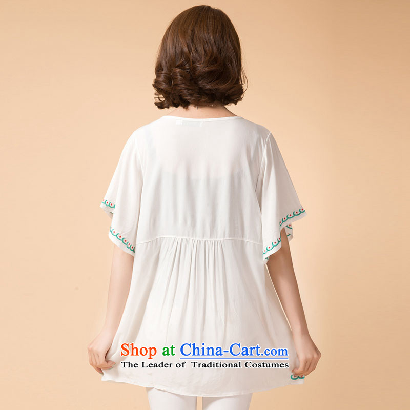 The sea route to spend an idyllic small fresh color embroidery PURE COTTON SHORT SLEEVE loose 2015 Summer new women's clothes for larger 5H1073 shirt white lines has been pressed flowers 2XL, sea shopping on the Internet