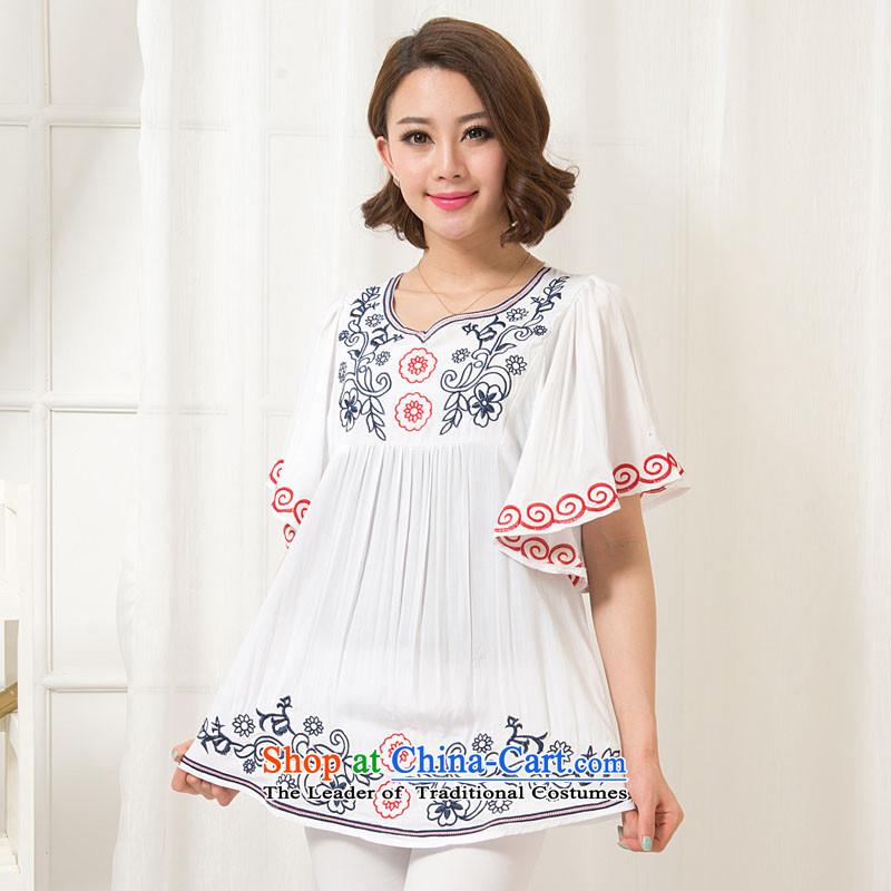 The sea route take the Korean version of the new embroidered chicken tacit horn cuff pure cotton shirt female Summer 2015 relaxd larger shirt 5C1073 white flowers....  2XL, sea shopping on the Internet