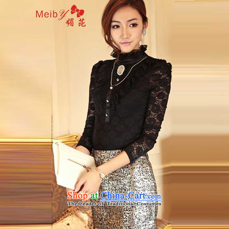 Large meiby female wild 2013 autumn and winter plus long-sleeved shirt, forming the lint-free thick Korean-style palace lace Sau San stylish shirt collar large 8382 black velvet M of load (meiby) , , , shopping on the Internet