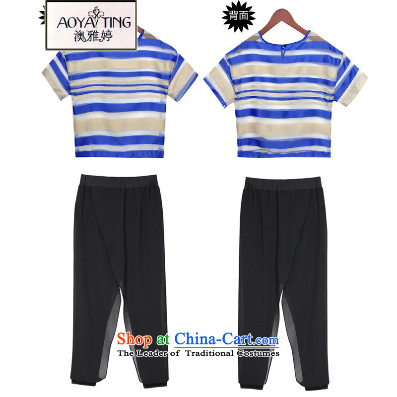 O Ya-ting 2015 new to increase women's code thick MM Summer Snow woven shirts Harun Capri Kit female dark blue stripes two kits 3XL recommends that you 145 - 175, O Jacob aoyating Ting () , , , shopping on the Internet