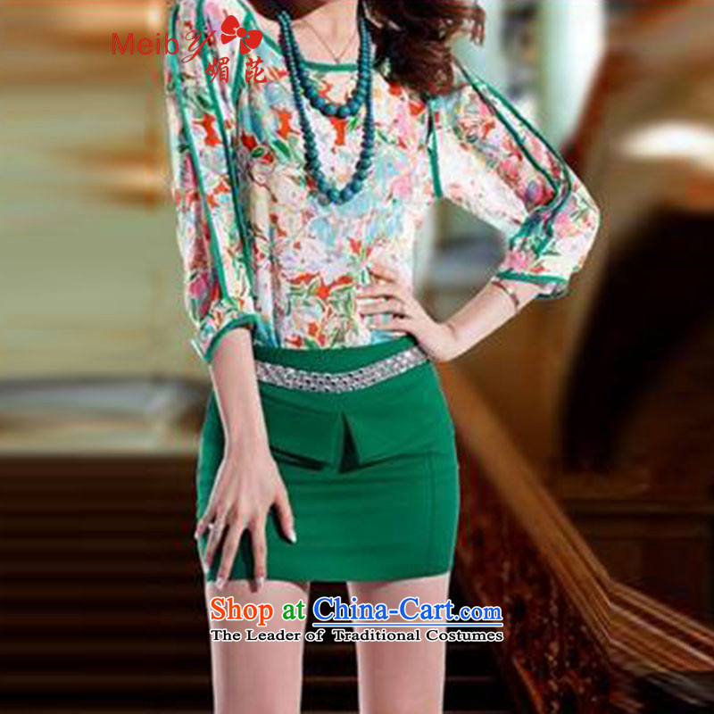 Large meiby female wild Sleek and versatile large spring new women's kit on-chip stamp chiffon kit skirt 1310 Green S