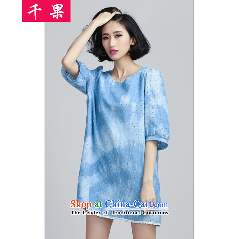 Thousands of fat XL COGA Women 2015 Summer Korean version of the new lace stitching graphics thin, forming the skirt thick MM short-sleeved cowboy relaxd dress Seo failed light blue jeansXXL