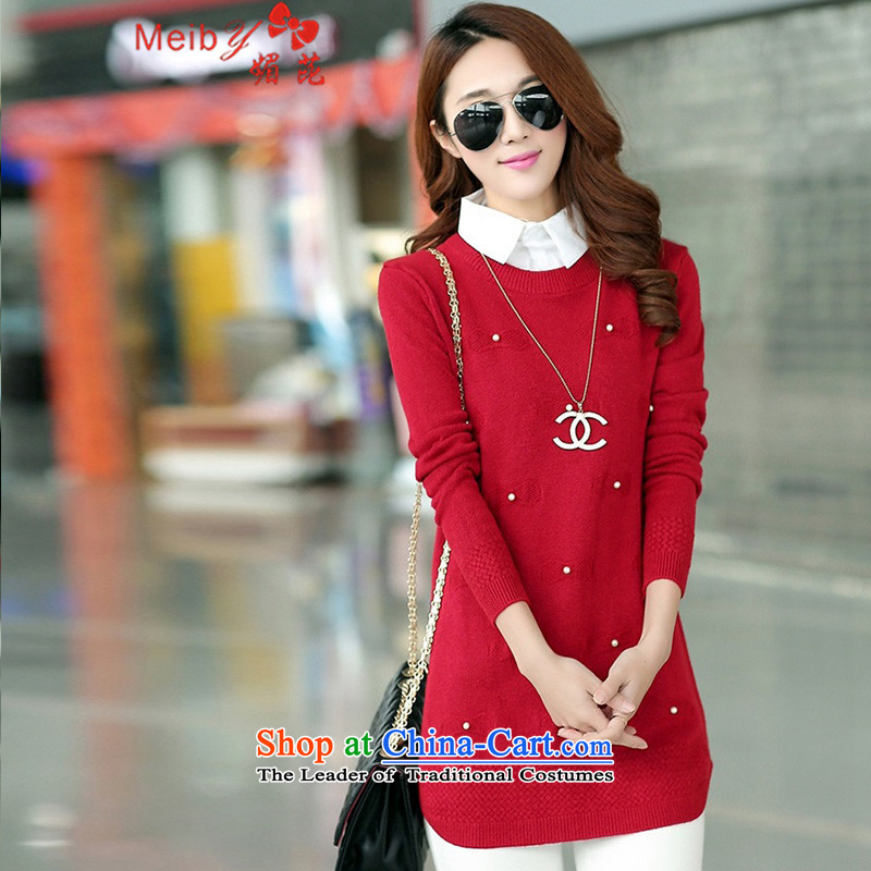 Maximum number of women to intensify the autumn and winter new stylish shirt collar workers in Korean long leave two pieces of knitted shirt, forming the hedging long-sleeved sweater  3XL, red of 6209 (meiby) , , , shopping on the Internet