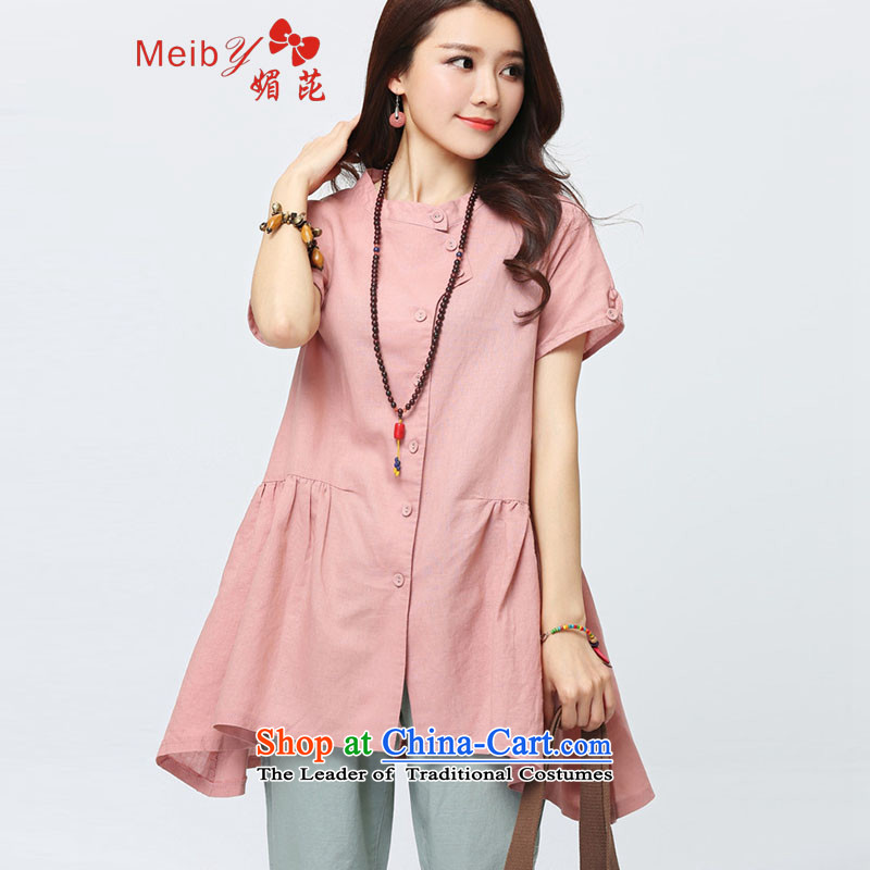 Maximum number of ladies wild summer NEW SHIRT Linen Dress Short-sleeved Korean version of loose cotton linen tunic female 9,062 pink?XL