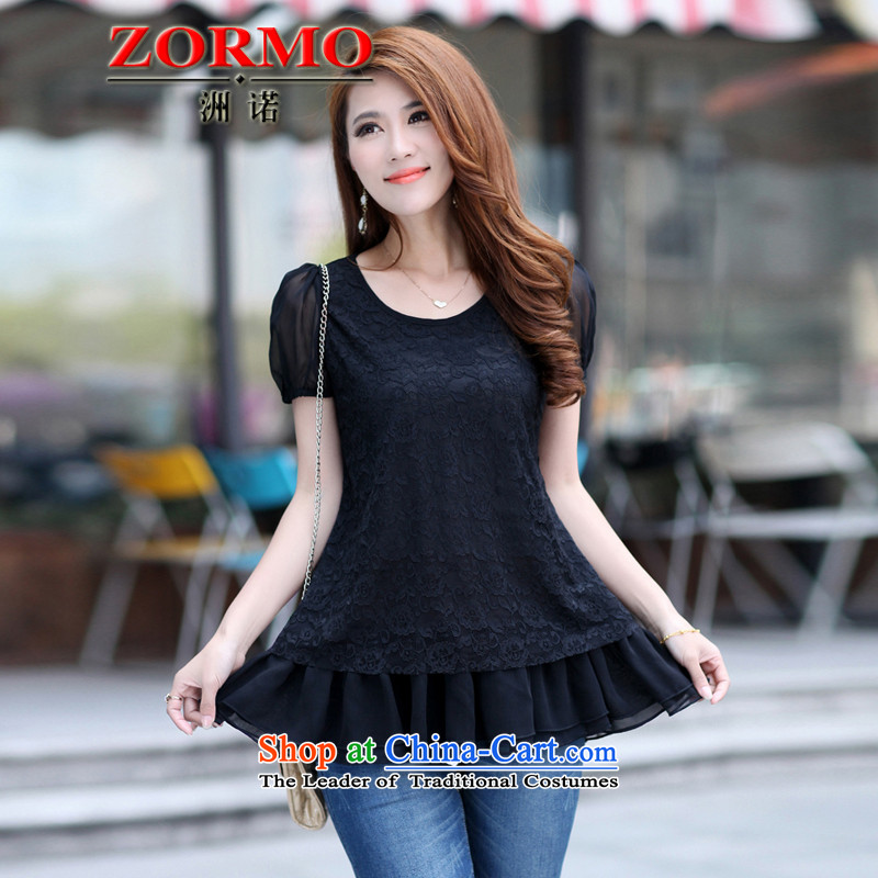 Large ZORMO Women 2015 Summer new billowy flounces stitching lace t shirt thick large load doll mm T-shirt female blackL