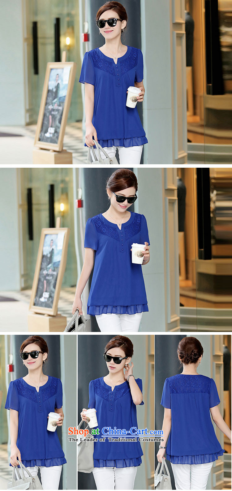 Hundred Li Ying 2015 Summer new products thick MM larger round-neck collar loose lace stitching short-sleeved T-shirt chiffon pure color blue 3XL picture, prices, brand platters! The elections are supplied in the national character of distribution, so action, buy now enjoy more preferential! As soon as possible.