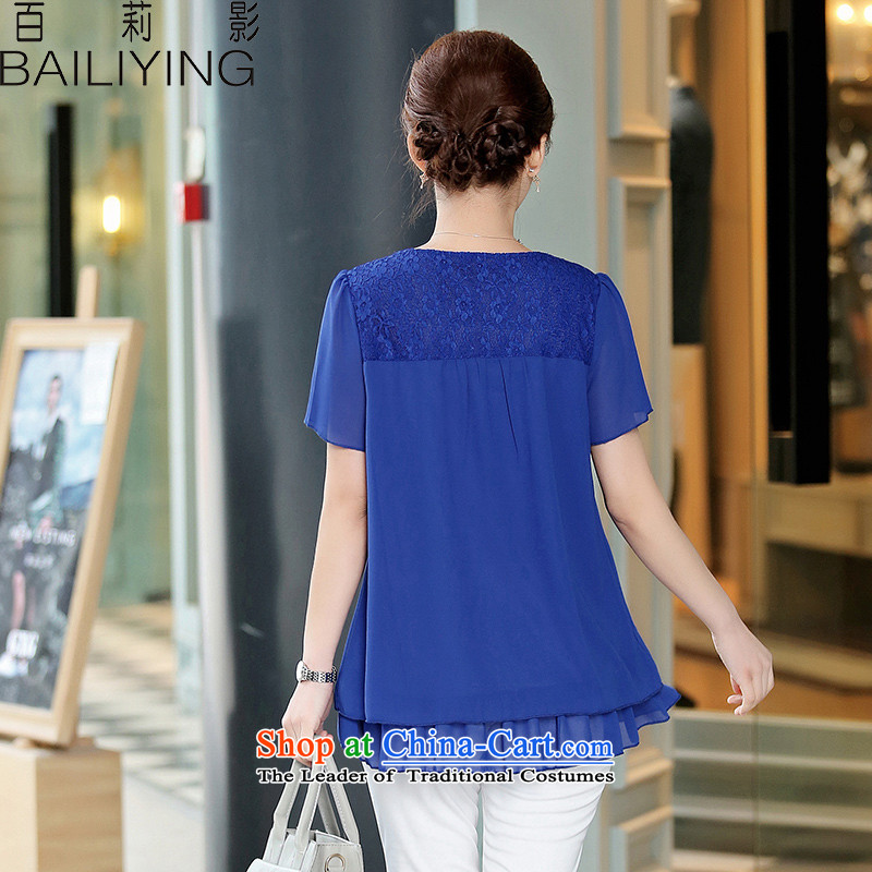 Hundred Li Ying 2015 Summer new products thick MM larger round-neck collar loose lace stitching short-sleeved T-shirt chiffon pure color blue 3XL, hundreds of Li Ying BAILIYING) , , , shopping on the Internet