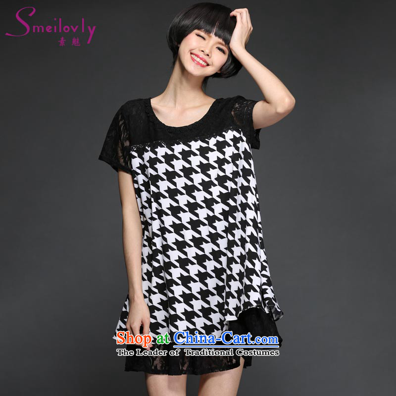 The Director of the new add to the burden of 200 indeed xl female thick mm spring and summer load Korean lace stitching short-sleeved relaxd dress?code 2877 Black and White Large 3XL around 922.747 160